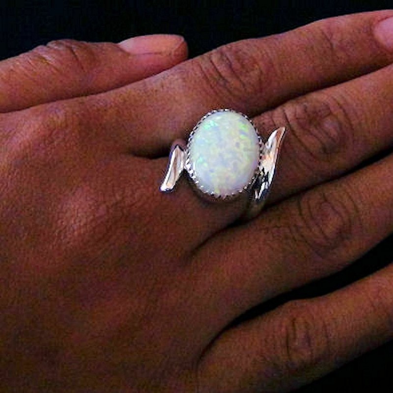 Silber 925 Ring für Frau Opal Cabochon weiß Größe 16 1/2