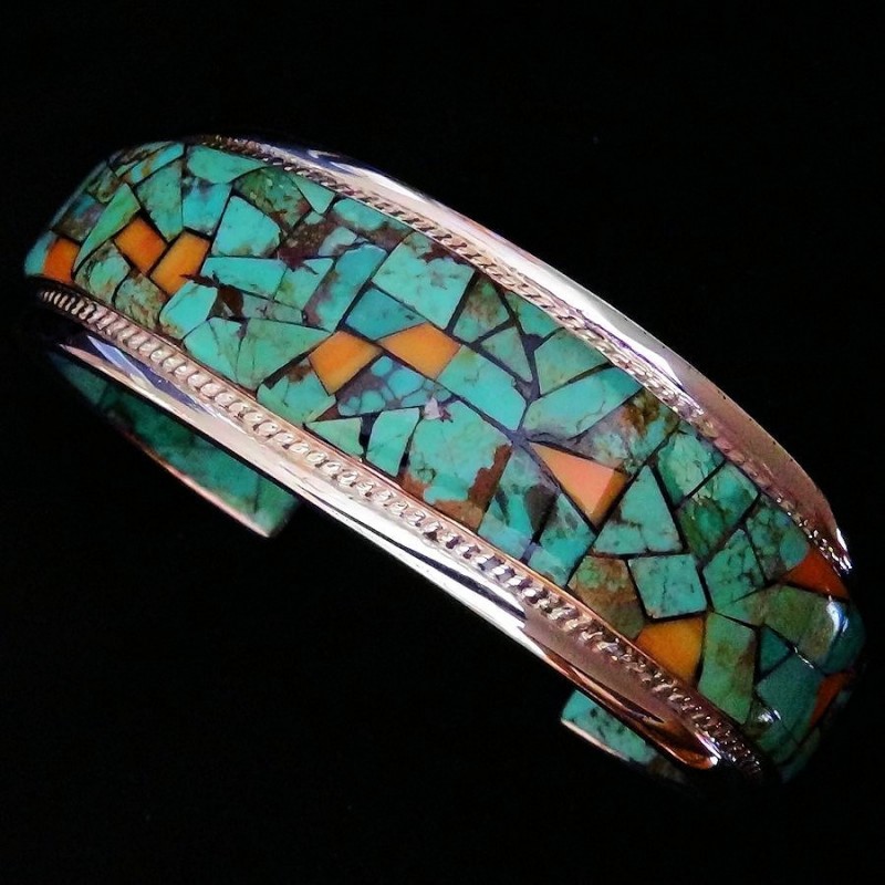 BRACELET NAVAJO ARGENT TURQUOISE ET SPONDYLUS