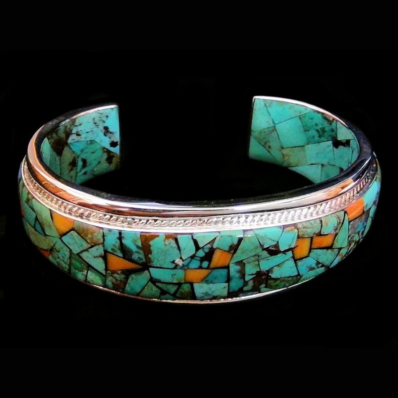 BRACELET NAVAJO ARGENT TURQUOISE ET SPONDYLUS