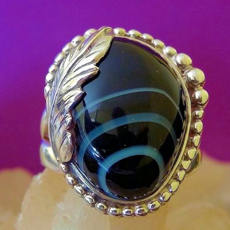 Bague Argent 925 Pour Femme Plume et Agate Noire