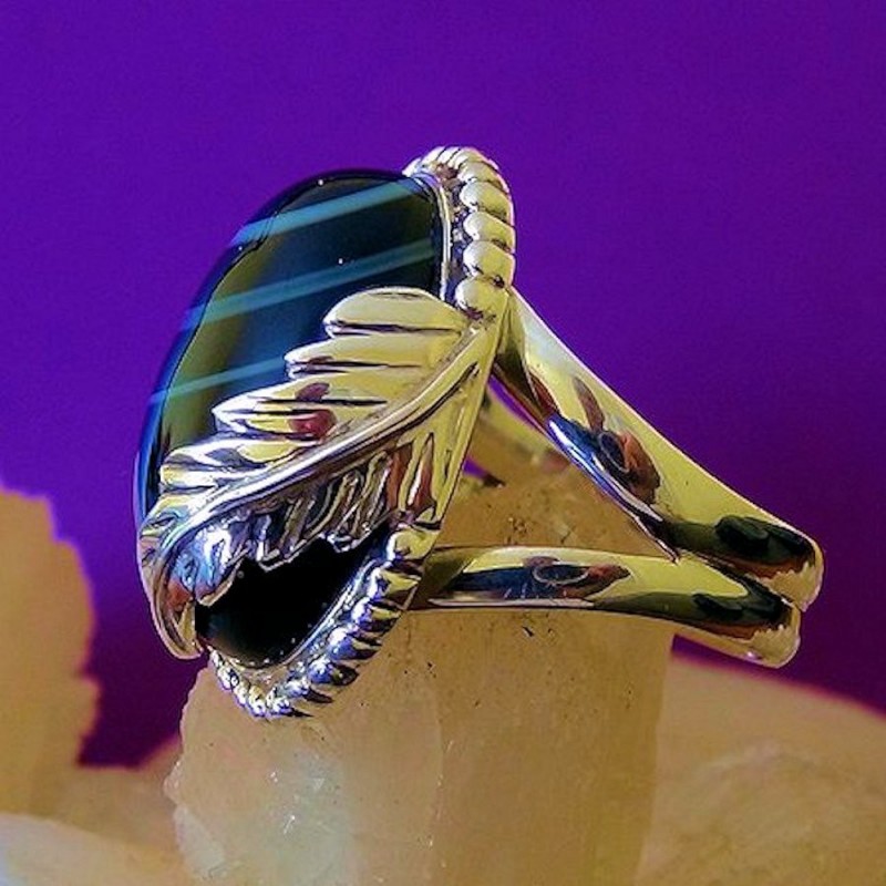 Schwarz Agate & Feder Silberring Für Damen