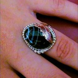 Schwarz Agate & Feder Silberring Für Damen