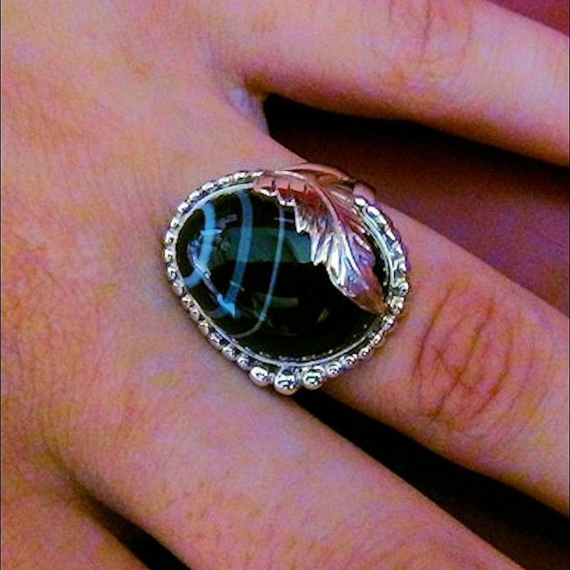 Schwarz Agate & Feder Silberring Für Damen