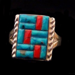Turquoise & Spiny Oyster Shell Corn Row Sterlingsilver Ring For Woman