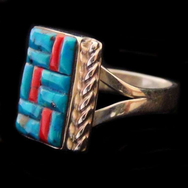 Turquoise & Spiny Oyster Shell Corn Row Sterlingsilver Ring For Woman
