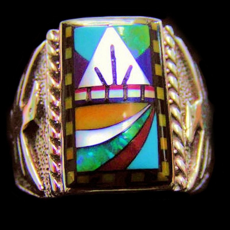 Navajo Symbol Inlay & Thunderbird Sterlingsilver  Signet Ring For Man Model 2