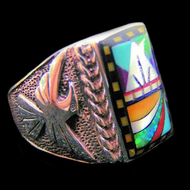 Navajo Symbol Inlay & Thunderbird Sterlingsilver  Signet Ring For Man Model 2