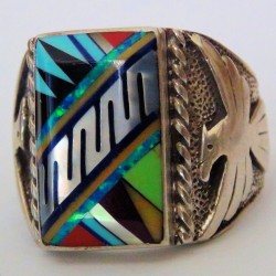 Navajo Symbol Inlay & Thunderbird Sterlingsilver  Signet Ring For Man Model 5