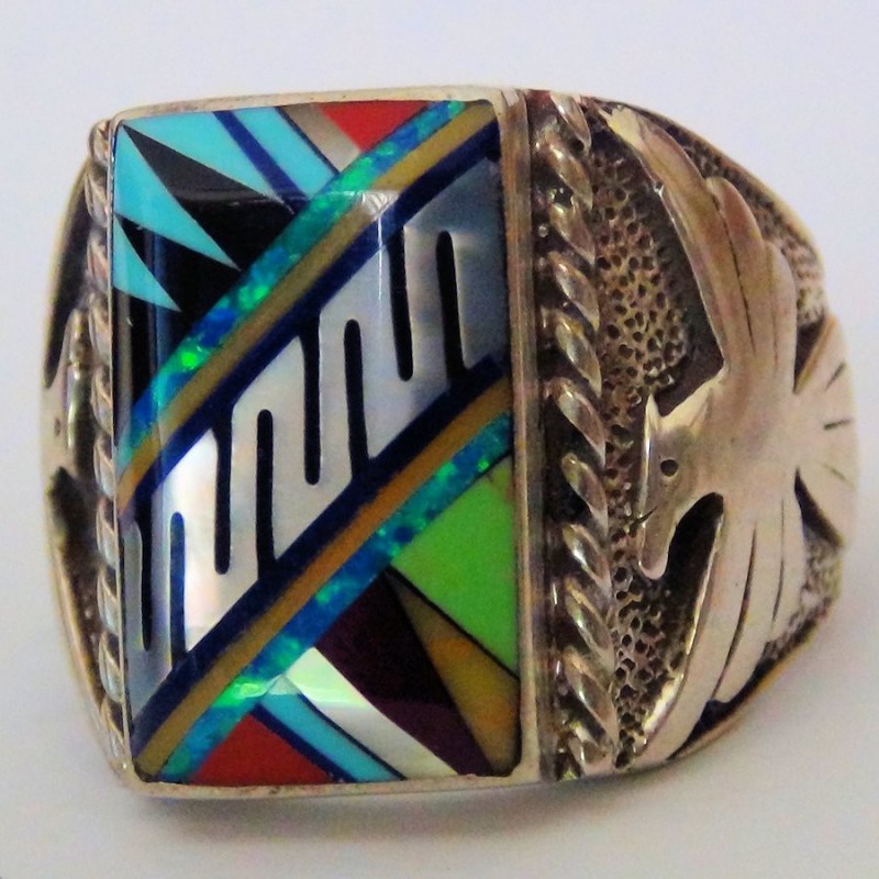 Bague Chevalière Pour Homme en Argent 925 Motif Navajo Indien et Thunderbird Modele 5