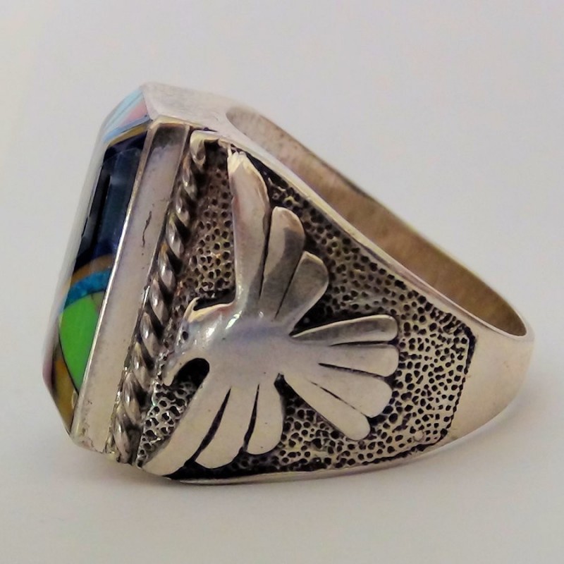 Navajo Symbol Inlay & Thunderbird Sterlingsilver  Signet Ring For Man Model 5
