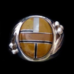 Channel Inlay Tiger Eye und Perlmutter Inlay Mosaik Oval Herrenring Silber 925