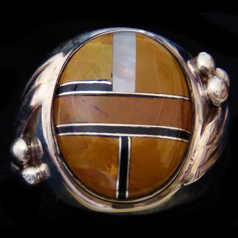 Channel Inlay Tiger Eye und Perlmutter Inlay Mosaik Oval Herrenring Silber 925