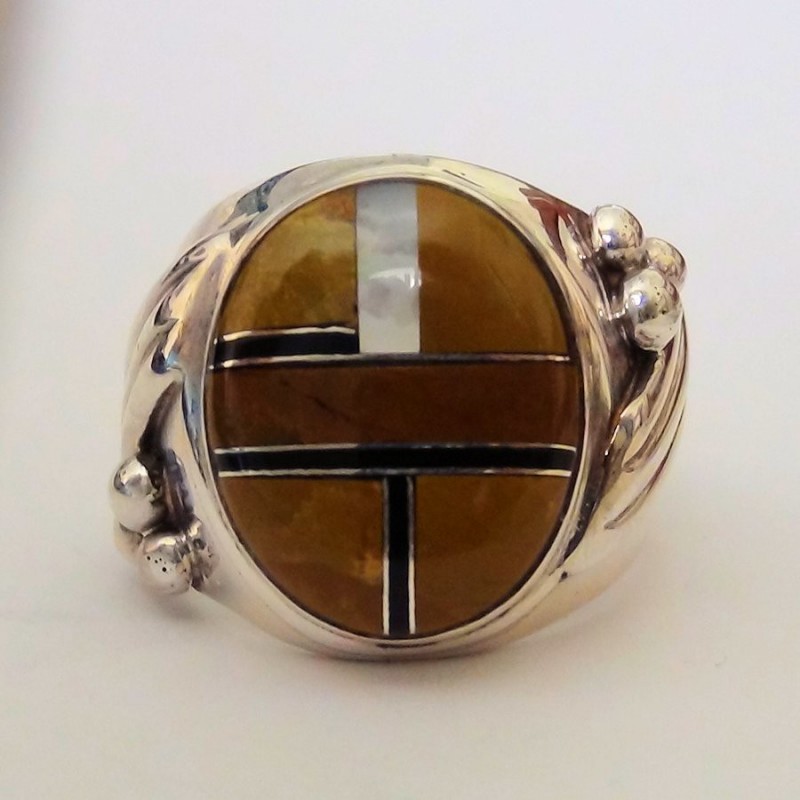 Channel Inlay Tiger Eye und Perlmutter Inlay Mosaik Oval Herrenring Silber 925