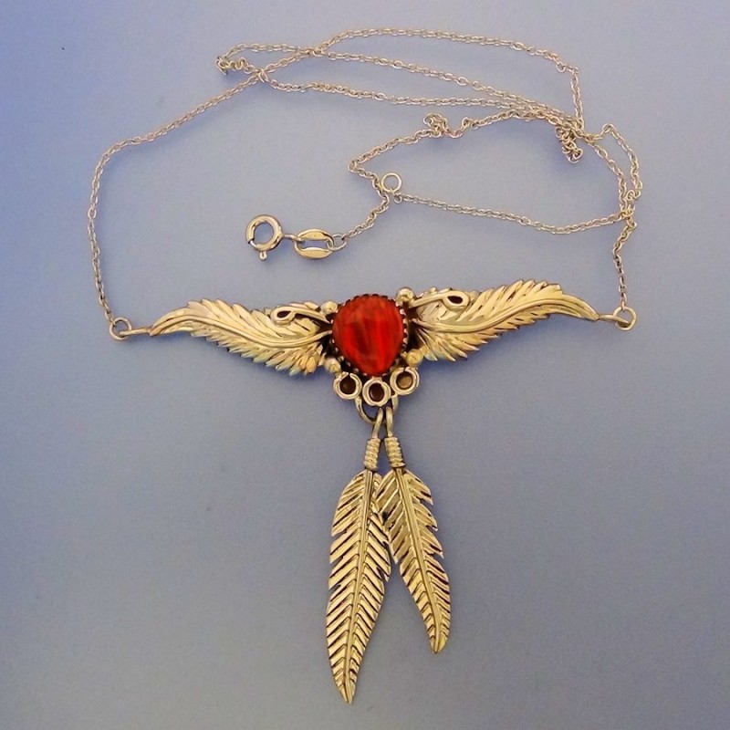 COLLIER ARGENT PLUMES ET OPALE