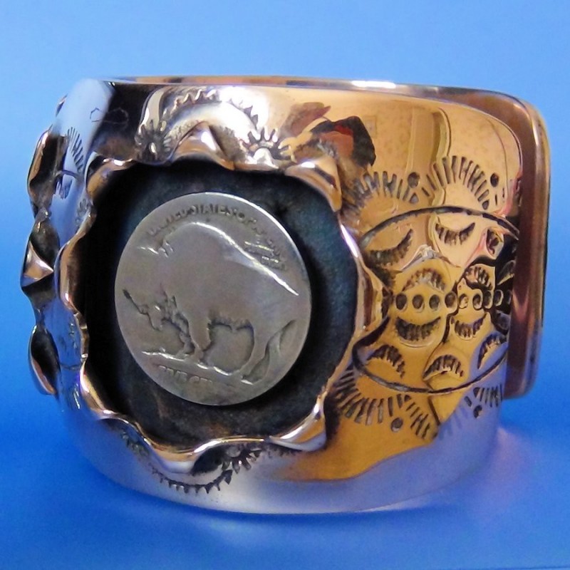Wolf Armreif Aus Kupfer und Silber 925 Shadow Box Indianerschmuck