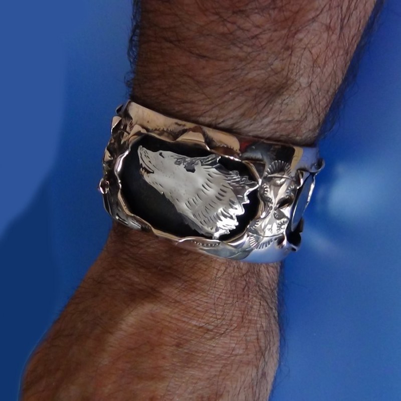 Bracelet Loup en Cuivre et Argent 925 Amerindien Shadow Box