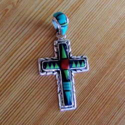 Indianerschmuck Zuni Kreuz Anhänger Aus Silber 925 und Edelsteinen