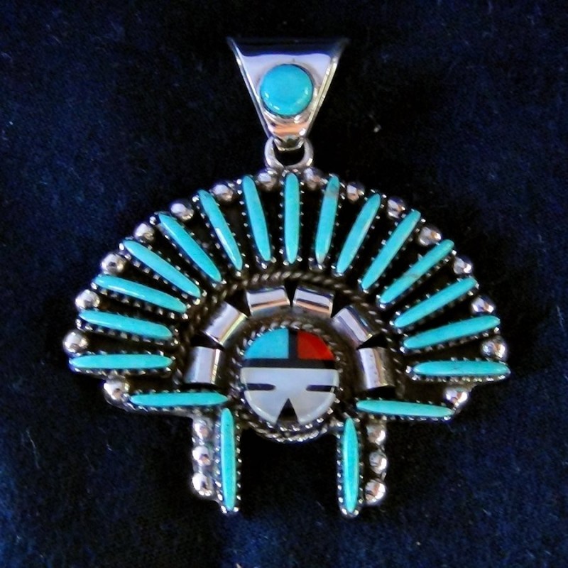 TURQUOISE PETITPOINT ZUNI SUNGOD FACE PENDANT