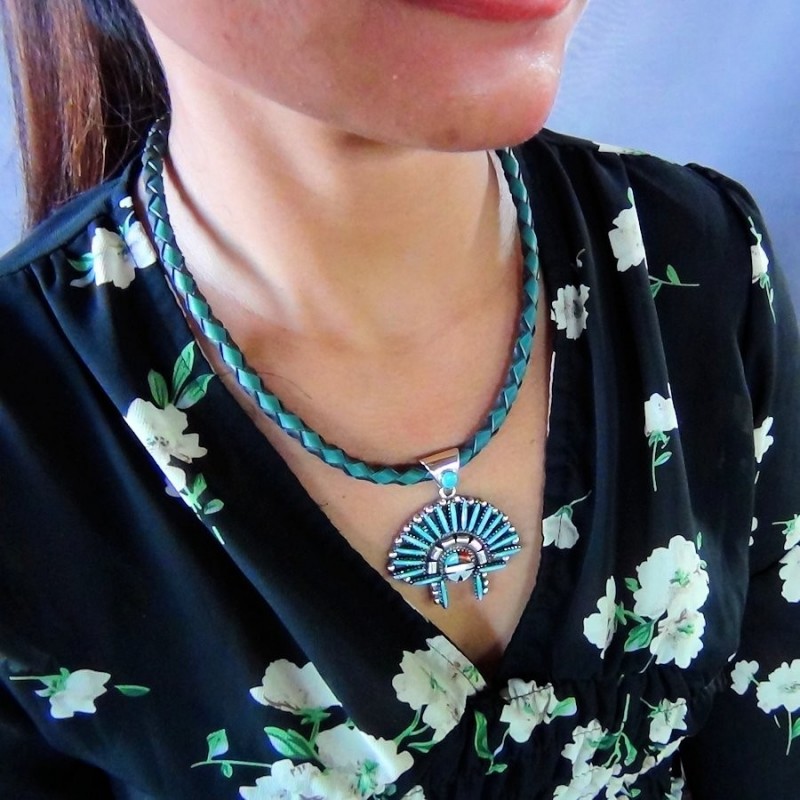 TURQUOISE PETITPOINT ZUNI SUNGOD FACE PENDANT