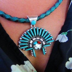 TURQUOISE PETITPOINT ZUNI SUNGOD FACE PENDANT