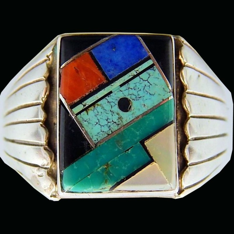 Sun God Face Sterlingsilver Ring Gemstones Channel Inlay For Man