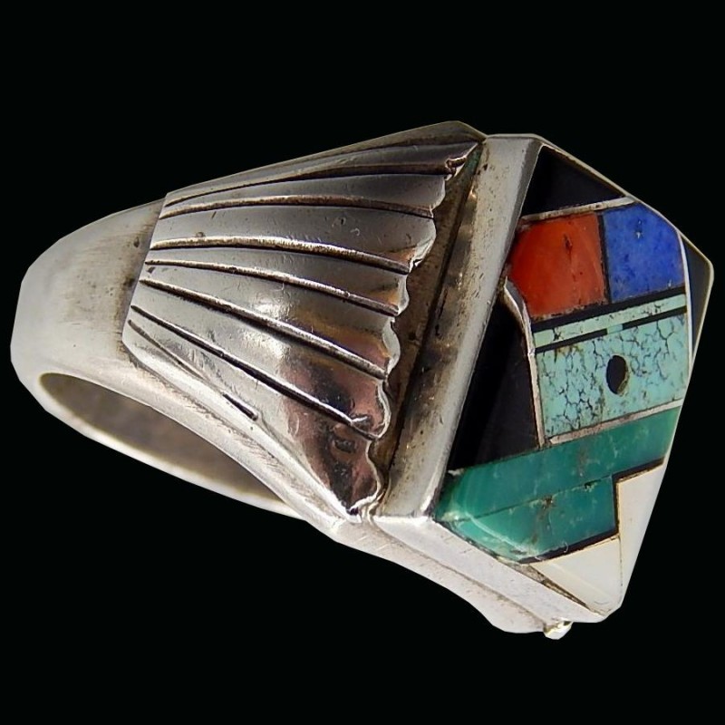 Sun God Face Sterlingsilver Ring Gemstones Channel Inlay For Man