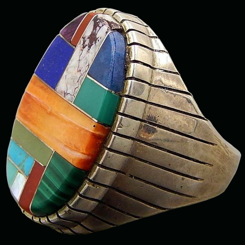 Mehrfarben Edelsteinen Mosaik Navajo Oval Sterlingsilber Ring Für Herren