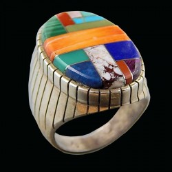 Navajo Sterlingsilver Oval Ring Gemstones Channel Inlay For Man