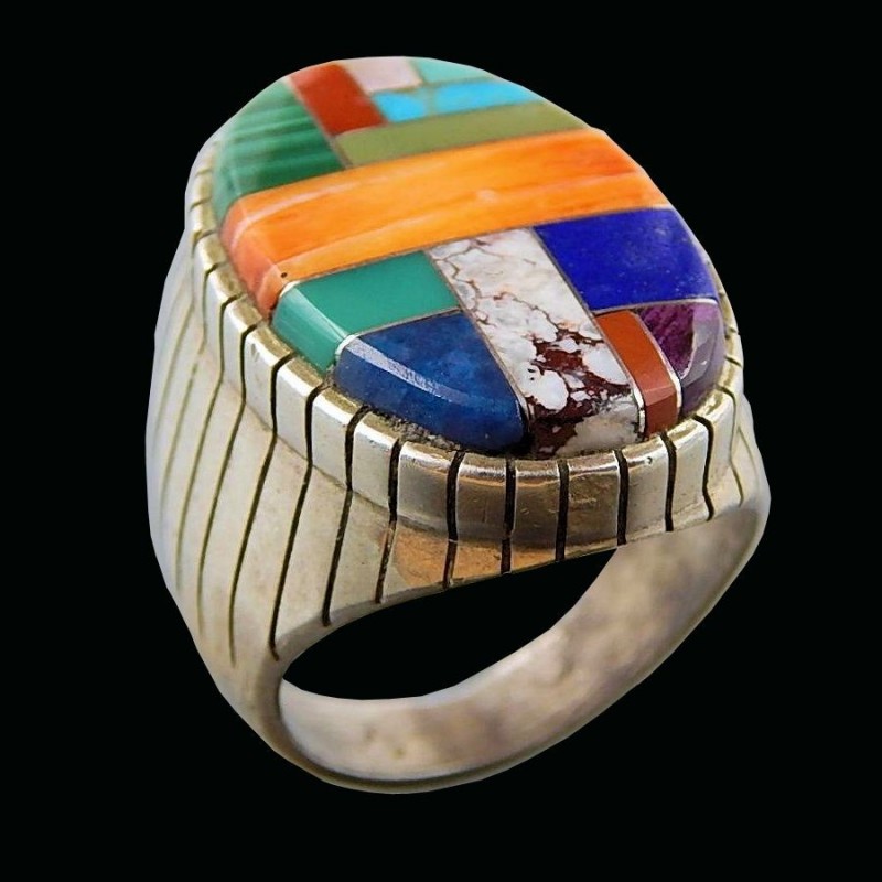 Mehrfarben Edelsteinen Mosaik Navajo Oval Sterlingsilber Ring Für Herren