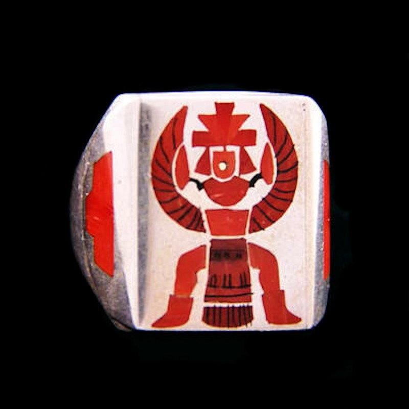 Bague Argent Zuni Navajo Kashina Knife Wings Corail