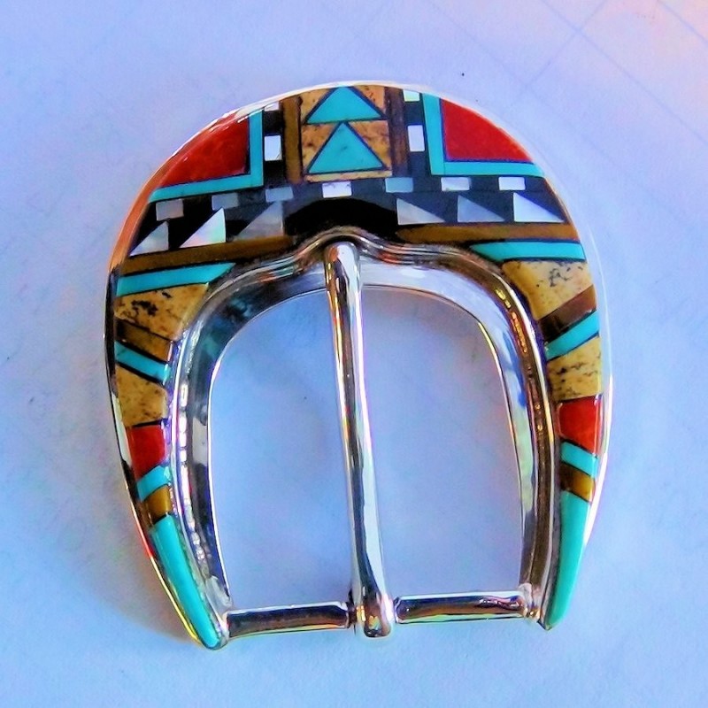 Boucle de ceinture Western Navajo Mosaique Inlay en Argent 925 Pour Homme ou Pour Femme