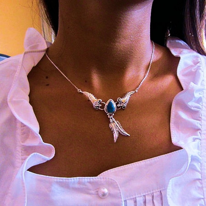 Teardrop Cabochon Color Choice and feather Sterlingsilver Necklace
