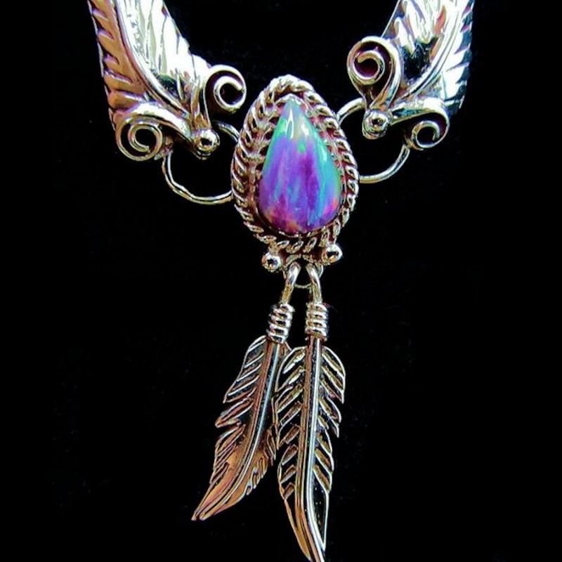 Teardrop Cabochon Color Choice and feather Sterlingsilver Necklace