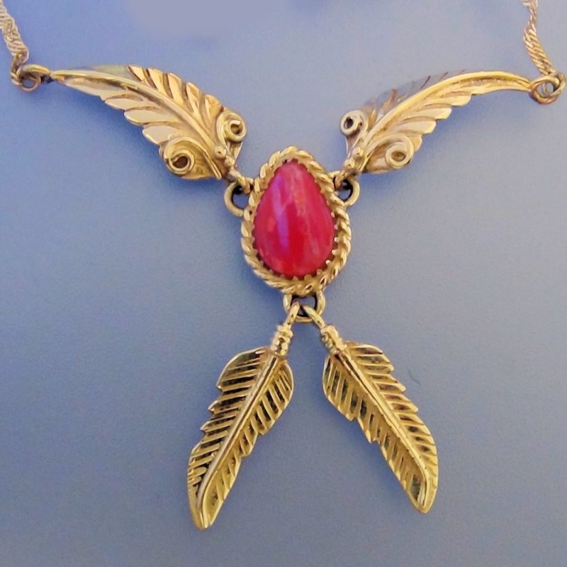 Collier Cabochon Goutte d'Eau Couleur au Choix et Plumes Argent 925