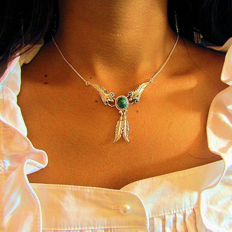 Collier Cabochon Rond Couleur au Choix et Plumes Argent 925