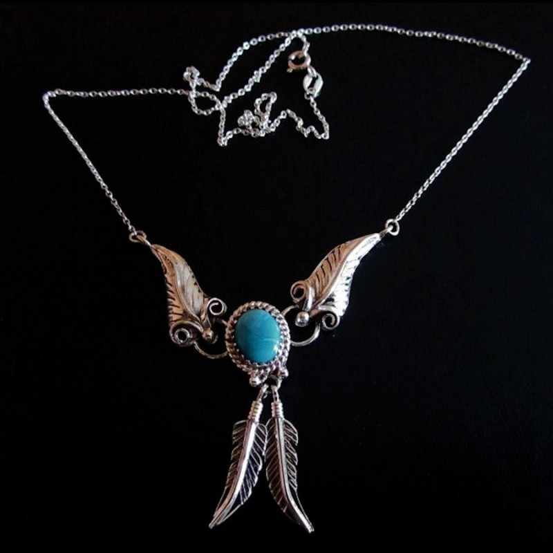 Collier Cabochon Ovale Couleur au Choix et Plumes Argent 925