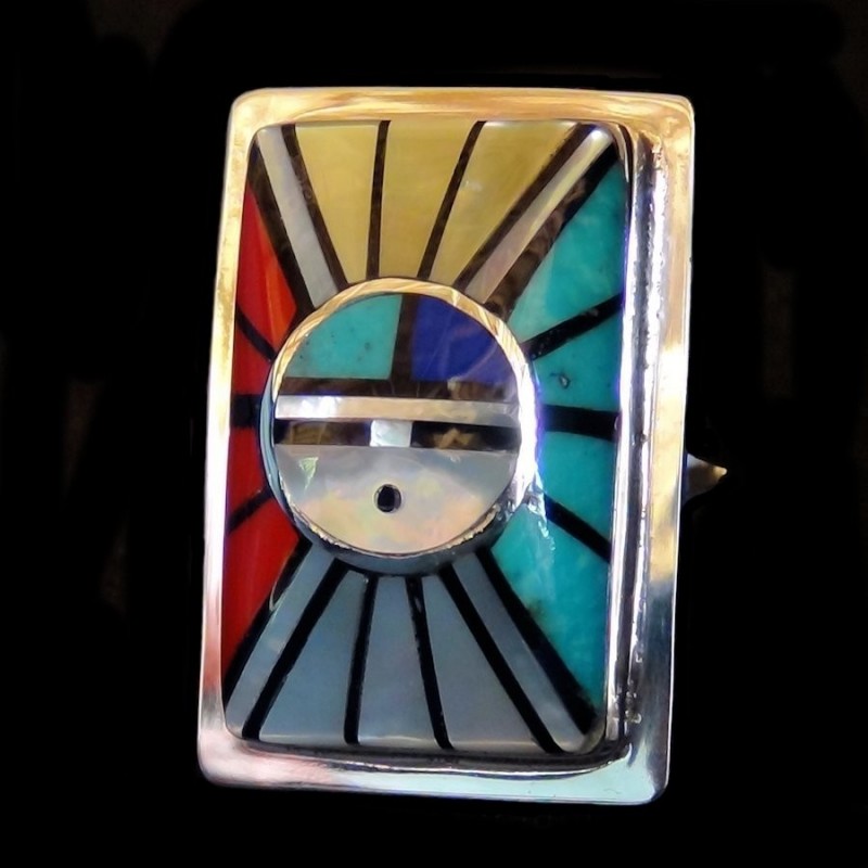 Zuni Sonnengott Rechteckiger Ring aus 925er Silber