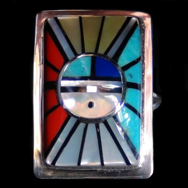 Zuni Sonnengott Rechteckiger Ring aus 925er Silber