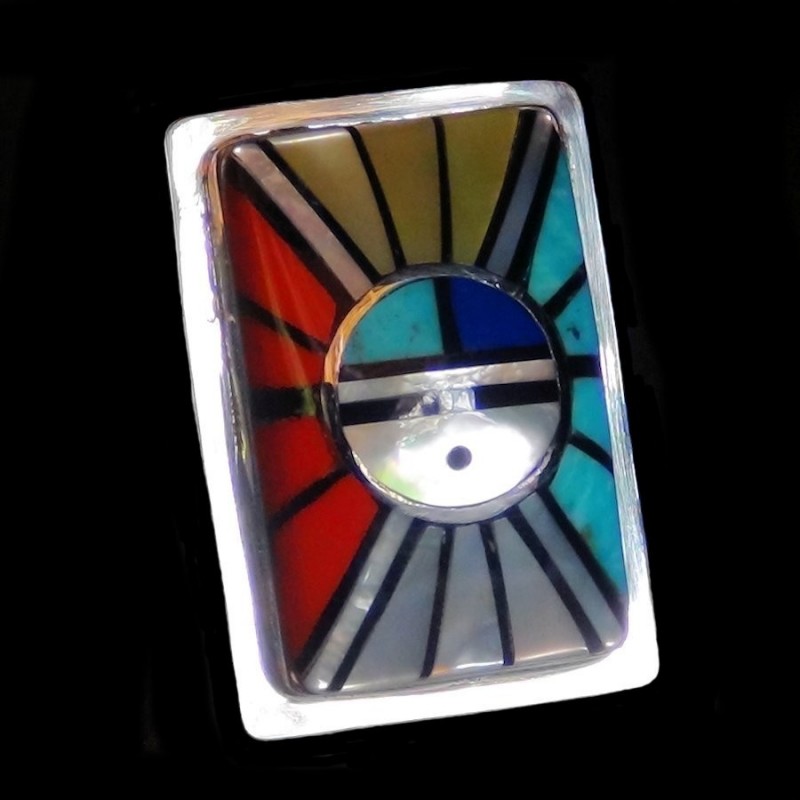 Zuni Sun God Anillo Rectangular de Plata 925