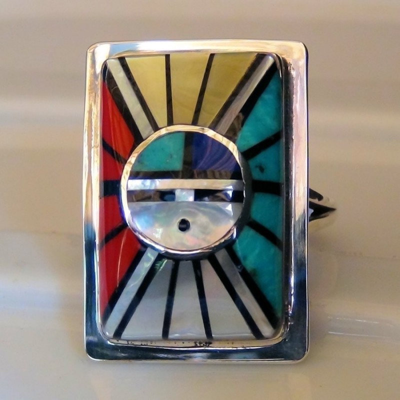 Zuni Sun God Face Rectangular Sterlingsilver Ring