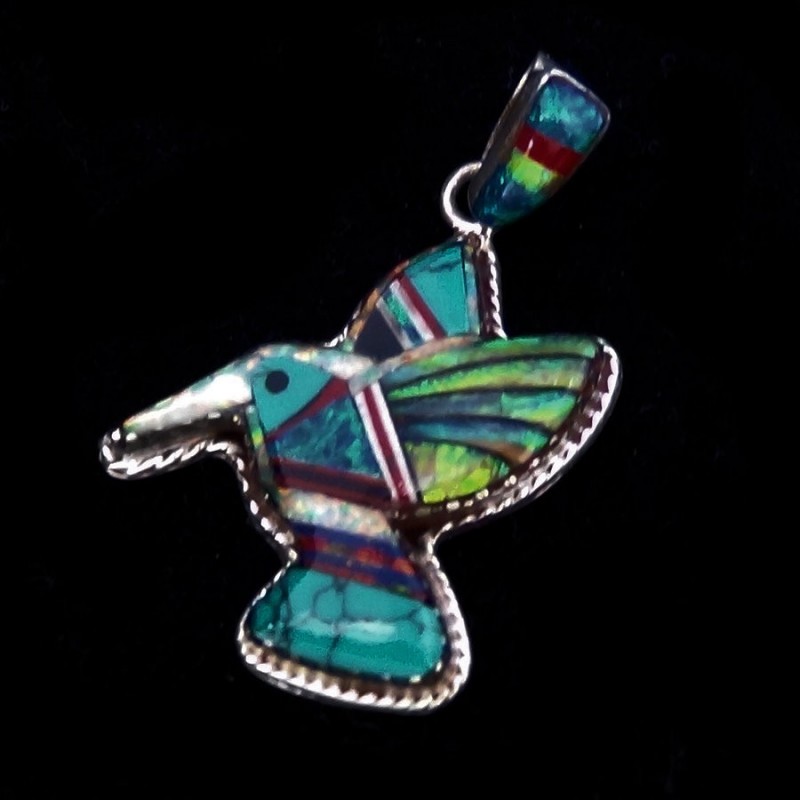 PENDENTIF COLIBRI MULTICOLORE ET OPALE