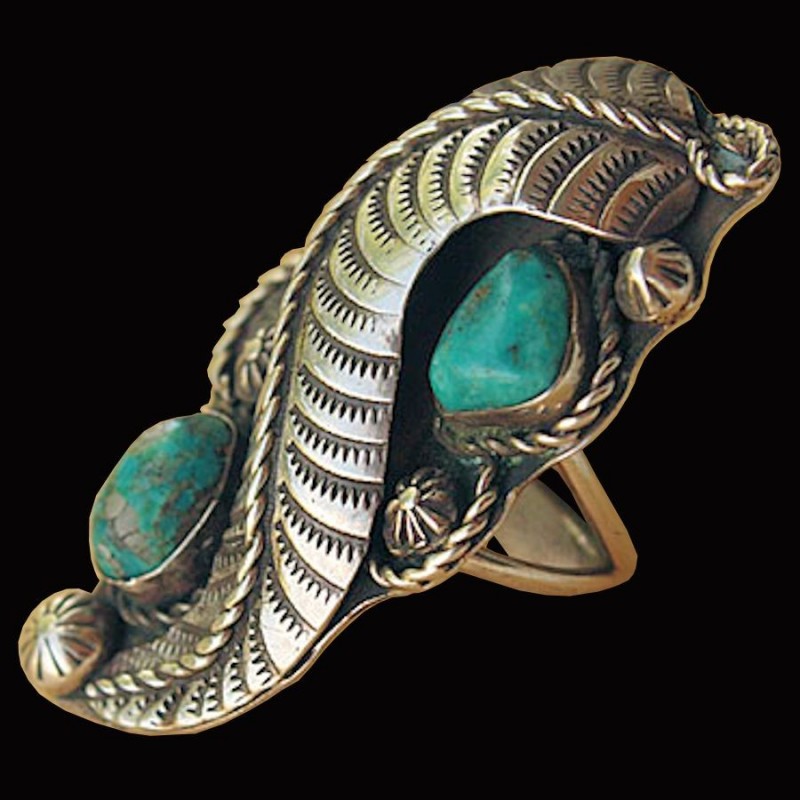 Bague Navajo Plume et Deux Turquoises pour Femme