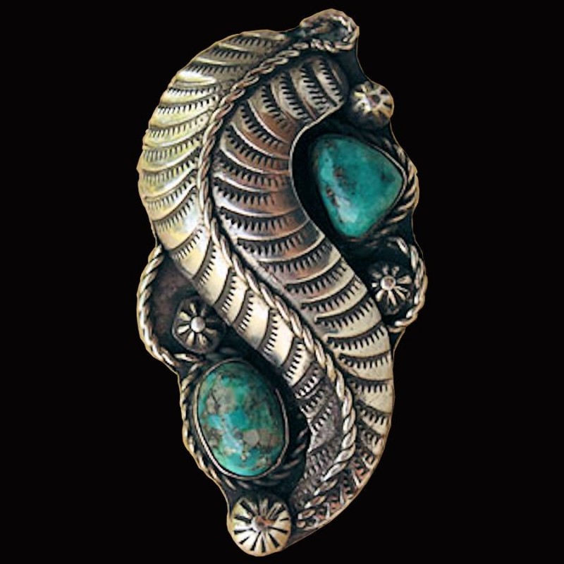 Anello Navajo da donna in Argento 925 Piuma e 2 Turchesi