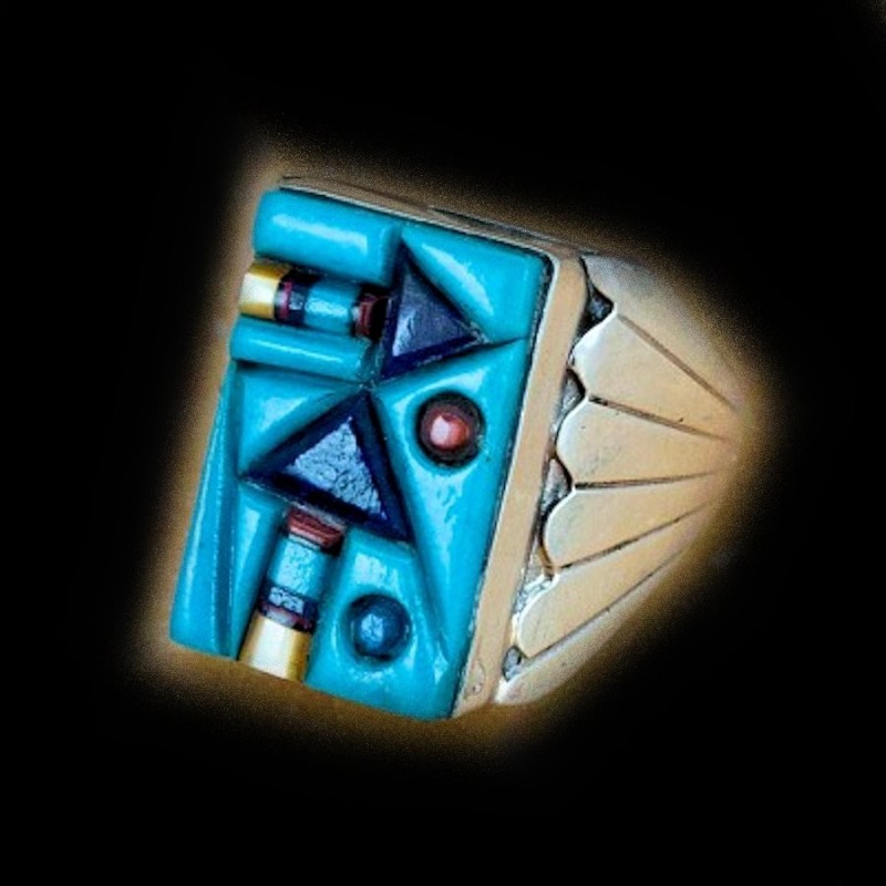 Rechteckiger Cobblestone Inlay Herren Navajo Ring Aus Silber 925