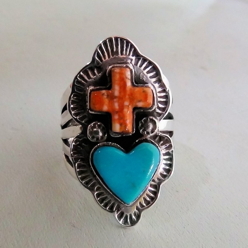 Türkis Kreuz & Muschel Herz Navajo Damenring und Herrenring