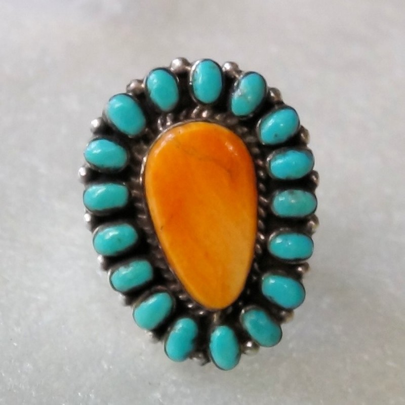 Bague Navajo Turquoise et Spondylus en Argent 925 Pour Femme