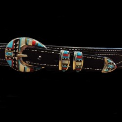 Boucle de ceinture Western Navajo Mosaique Inlay en Argent 925 Pour Homme ou Pour Femme