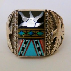 Anello Con Sigillo per Uomo in Argento 925 Navajo e Motivo Thunderbird