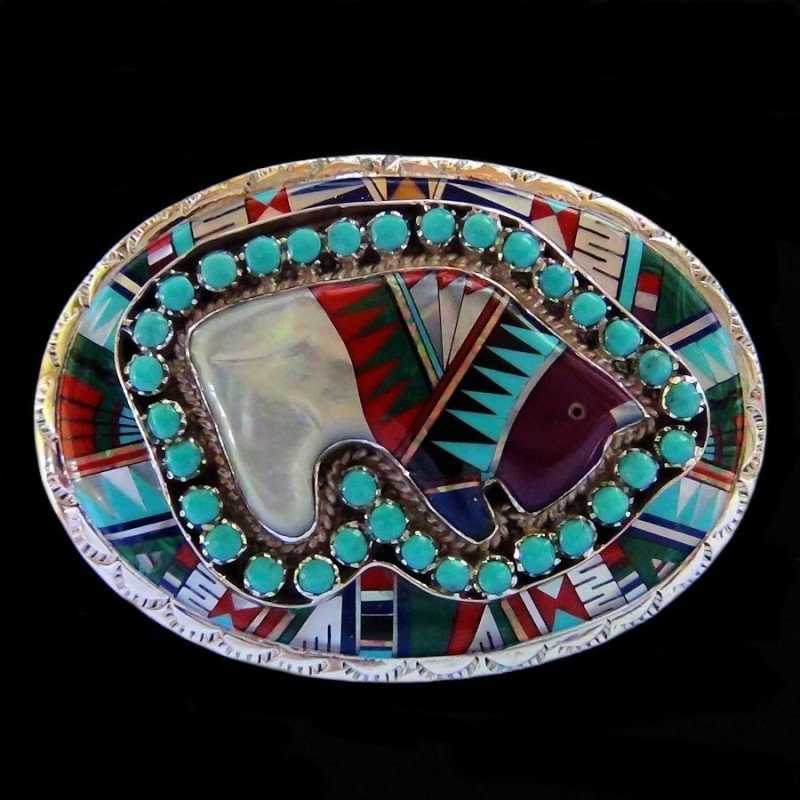 Fibbia per bisonte in madreperla e pietre d'argento 925