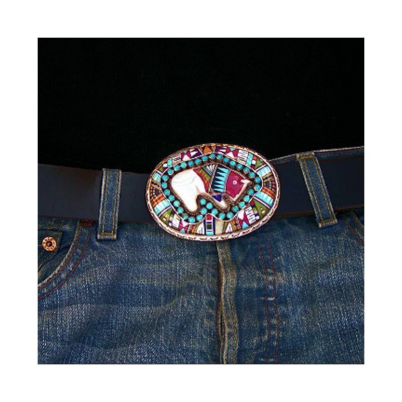 Boucle de Ceinture Bison en Argent 925 Nacre et Pierres